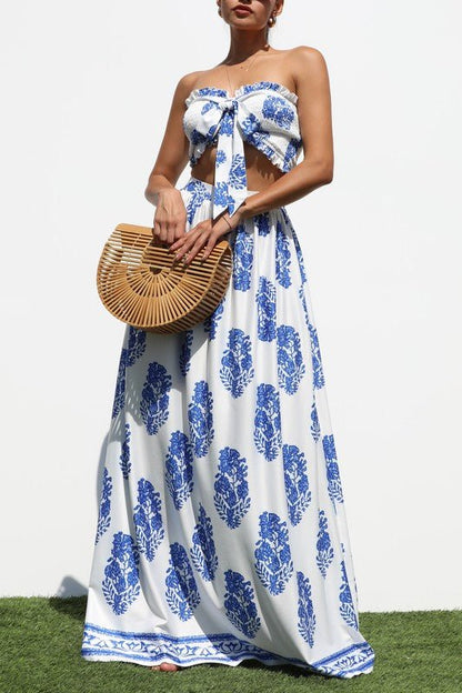 Blue & White Tie Front Maxi Skirt Set