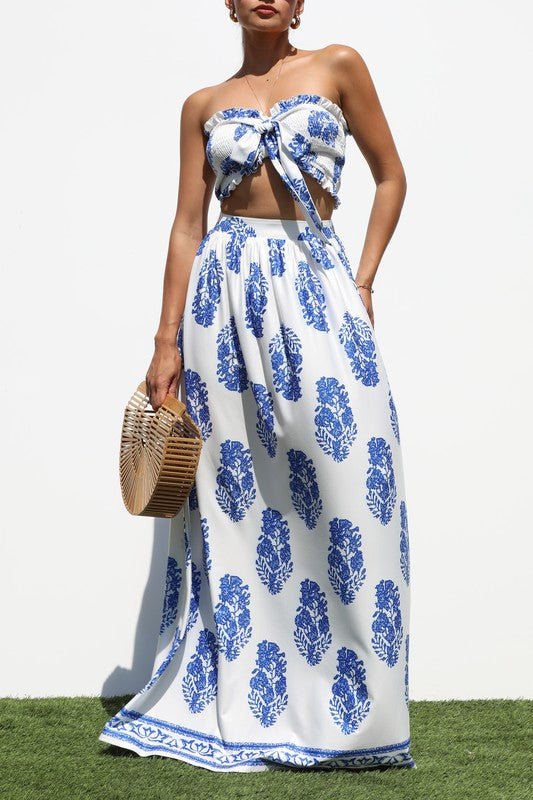 Blue & White Tie Front Maxi Skirt Set