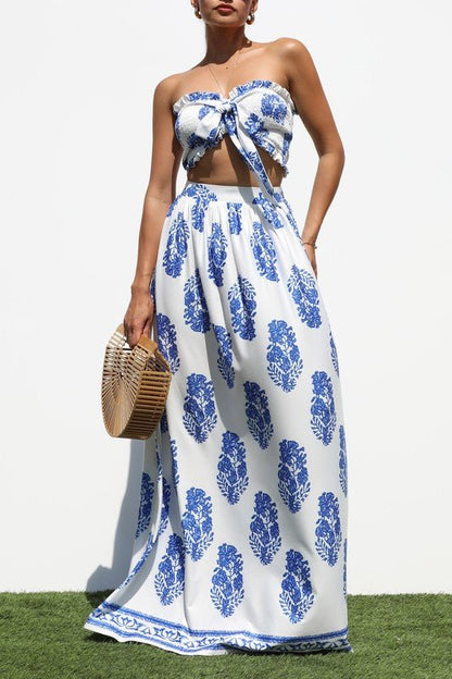 Blue & White Tie Front Maxi Skirt Set