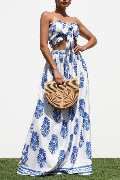 Blue & White Tie Front Maxi Skirt Set