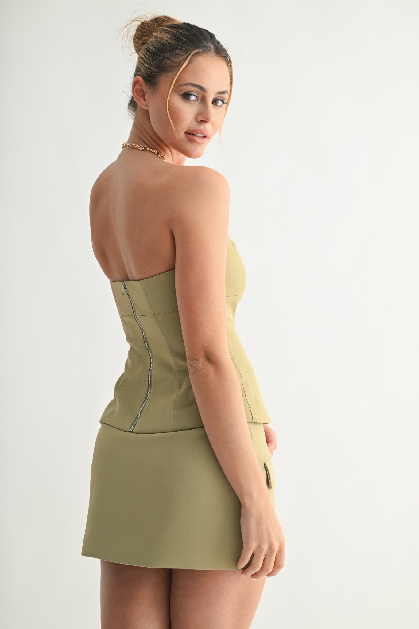 Olive Strapless Mini Skirt Set