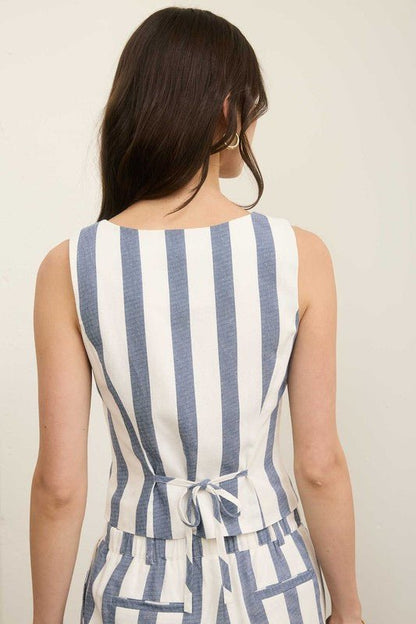Stripe Button Down Sleeveless Linen Top