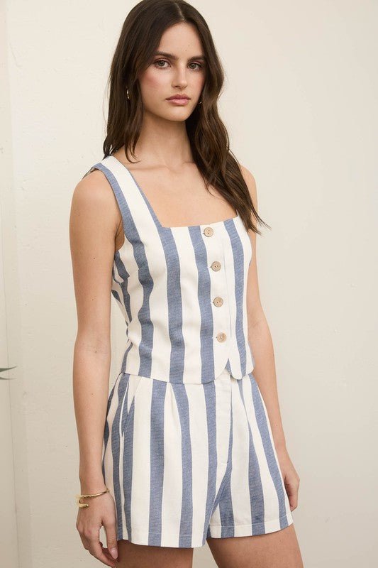 Stripe Button Down Sleeveless Linen Top