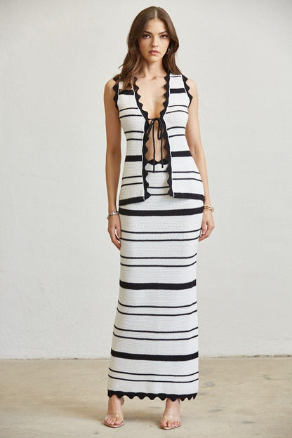Stripe Knit Scalloped Skirt Set