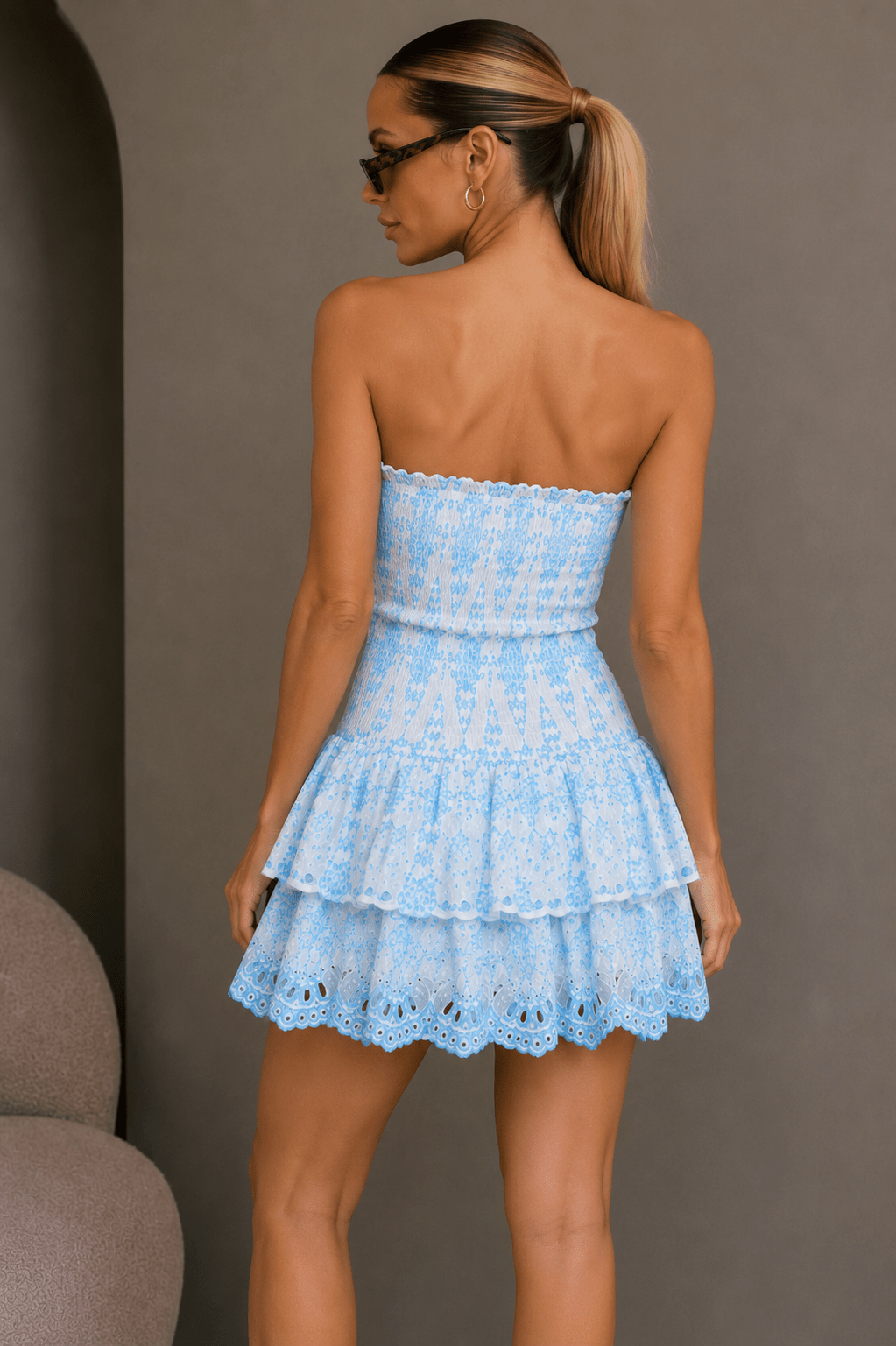 White & Aqua Ruffle Embroidery Dress