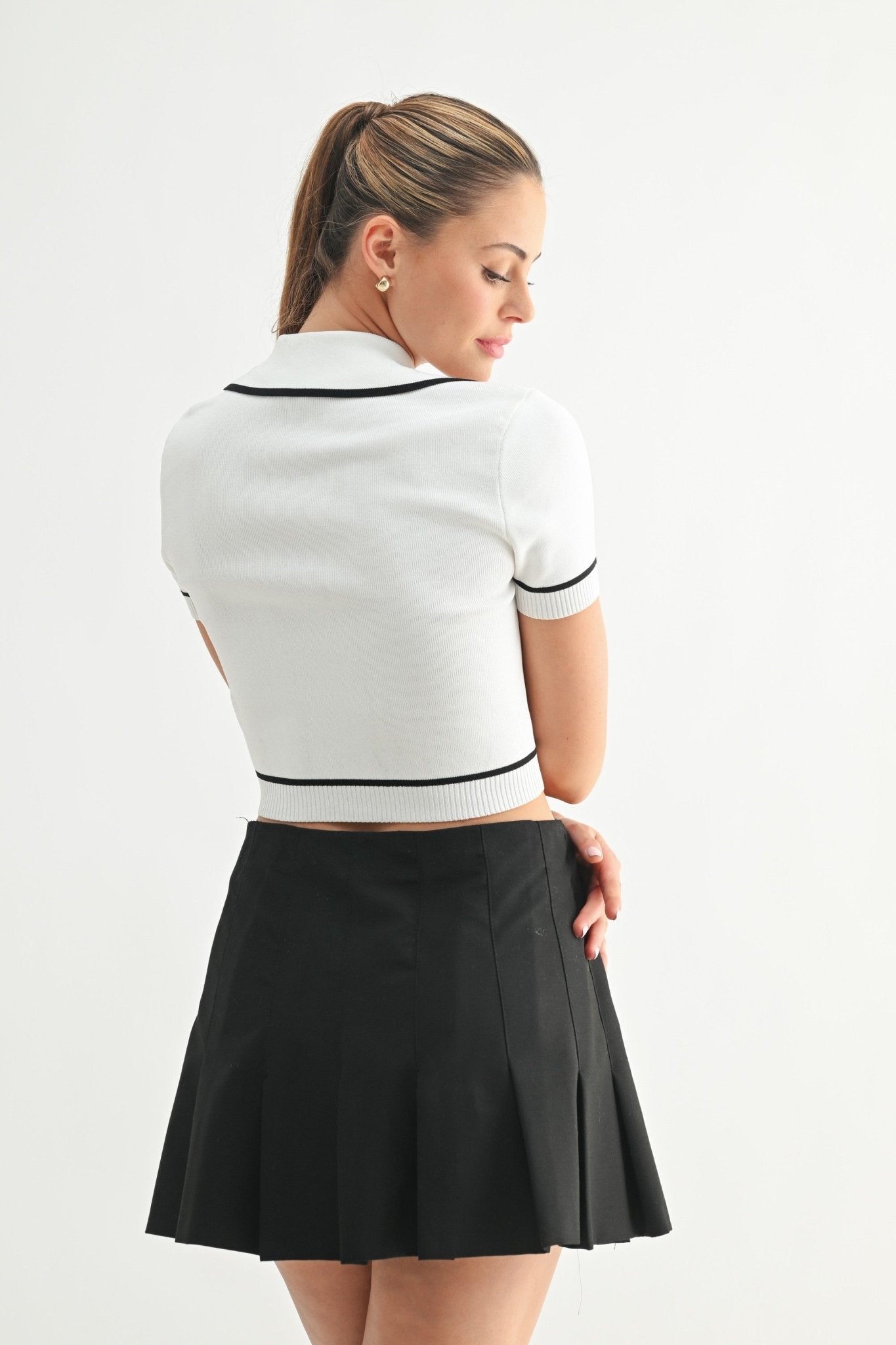 White & Black Ribbed Polo Top