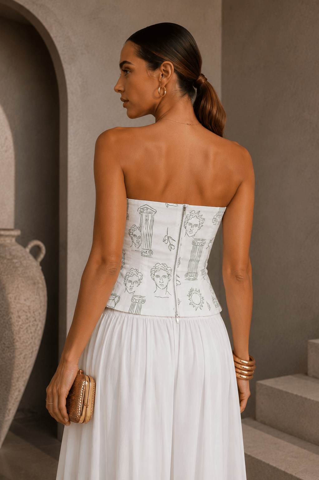 White & Green Printed Strapless Top