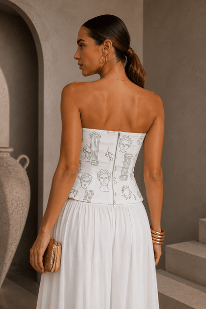 White & Green Printed Strapless Top