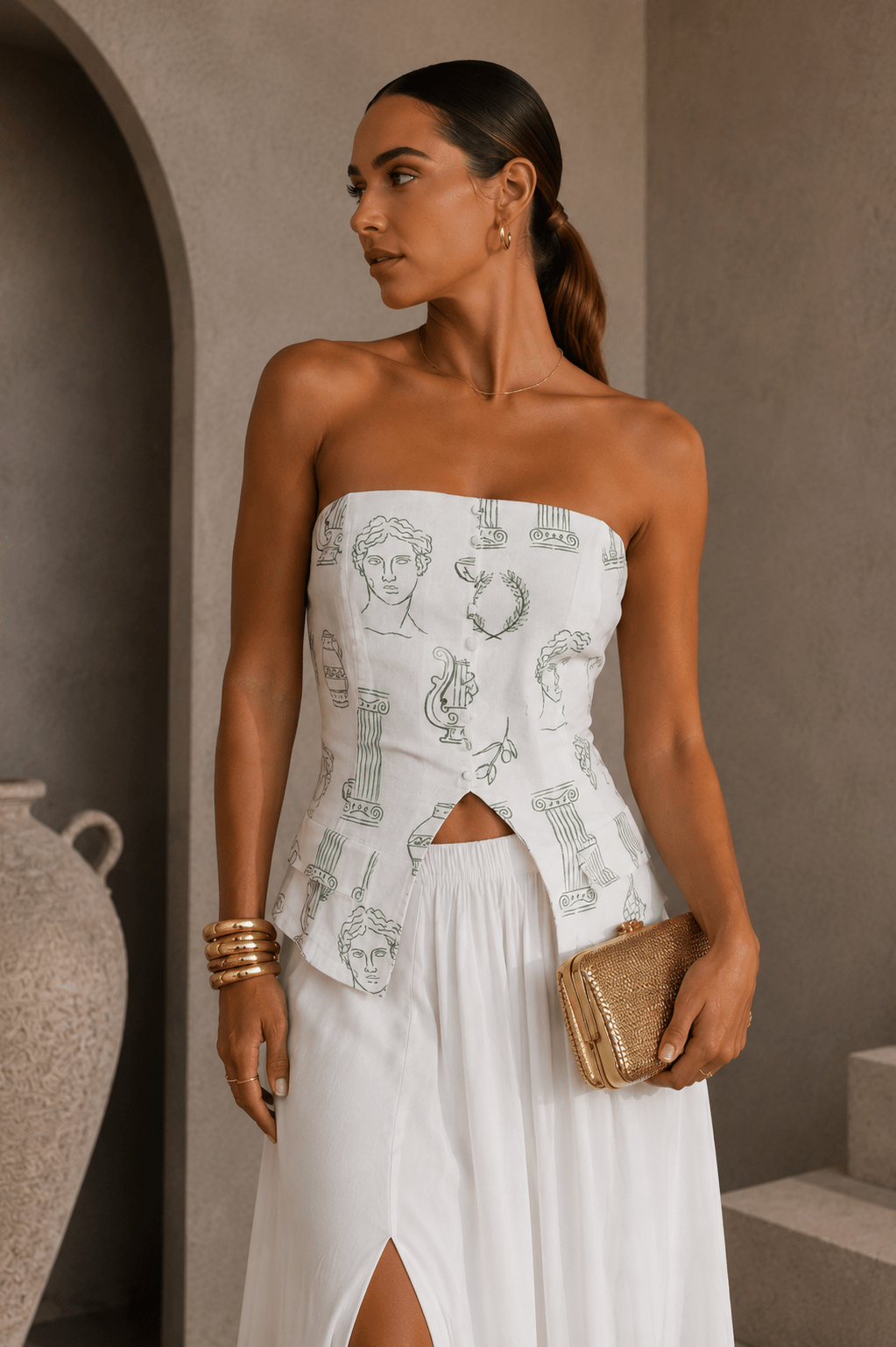 White & Green Printed Strapless Top