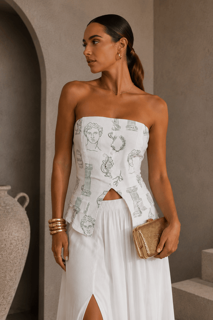White & Green Printed Strapless Top
