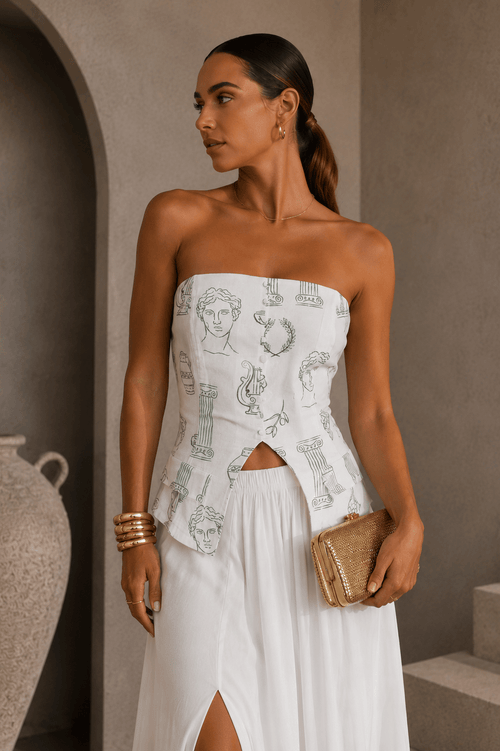 White & Green Printed Strapless Top