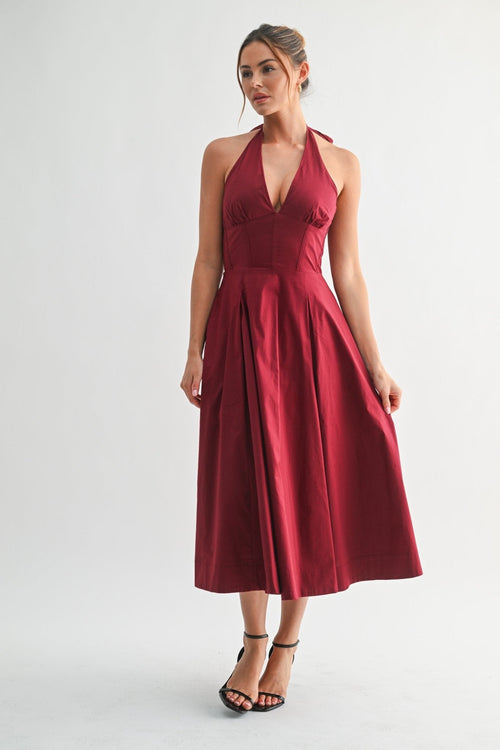 Burgundy Halter Manhattan Tie-back Midi Dress