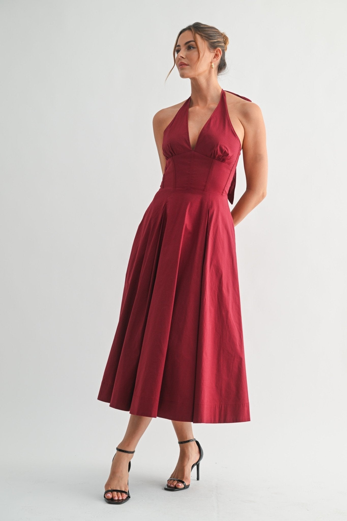 Burgundy Halter Manhattan Tie-back Midi Dress