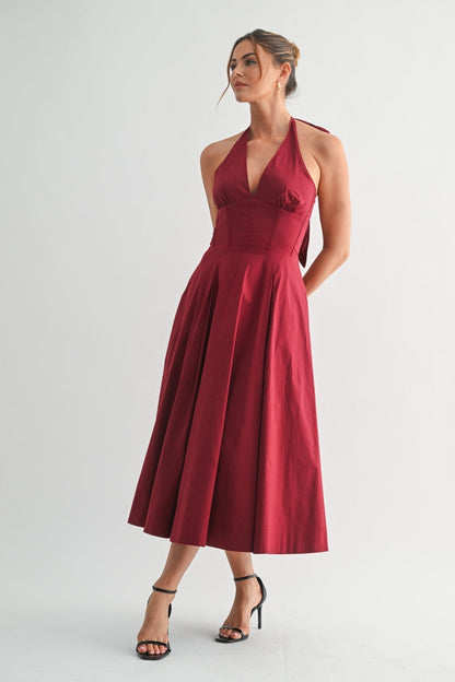 Burgundy Halter Manhattan Tie-back Midi Dress