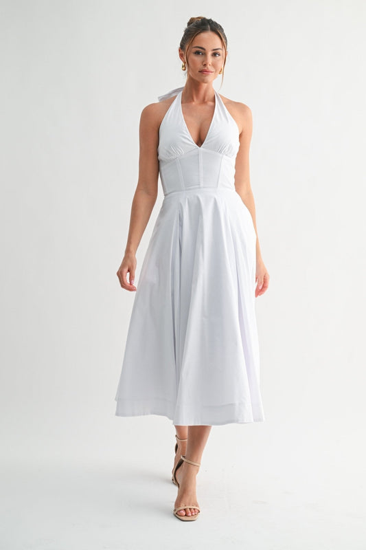 White Halter Manhattan Tie-back Midi Dress