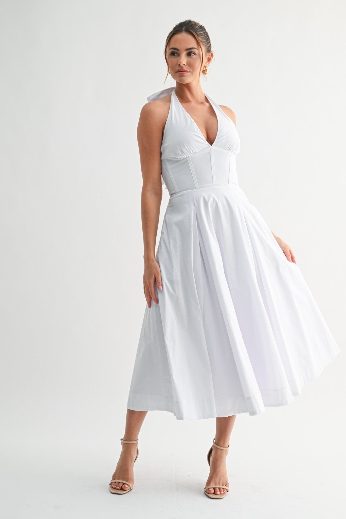 White Halter Manhattan Tie-back Midi Dress