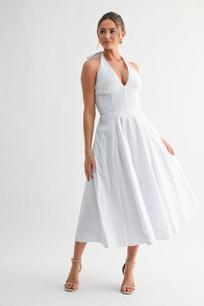 White Halter Manhattan Tie-back Midi Dress