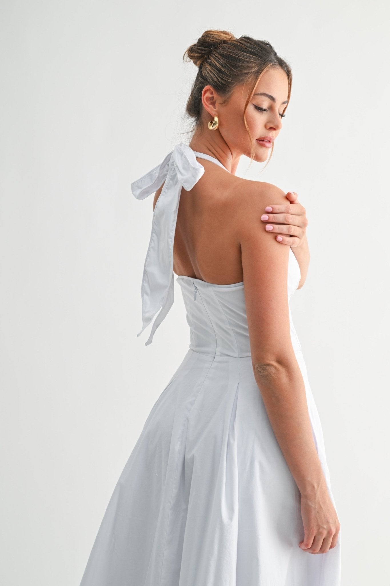 White Halter Manhattan Tie-back Midi Dress