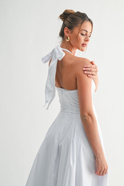 White Halter Manhattan Tie-back Midi Dress