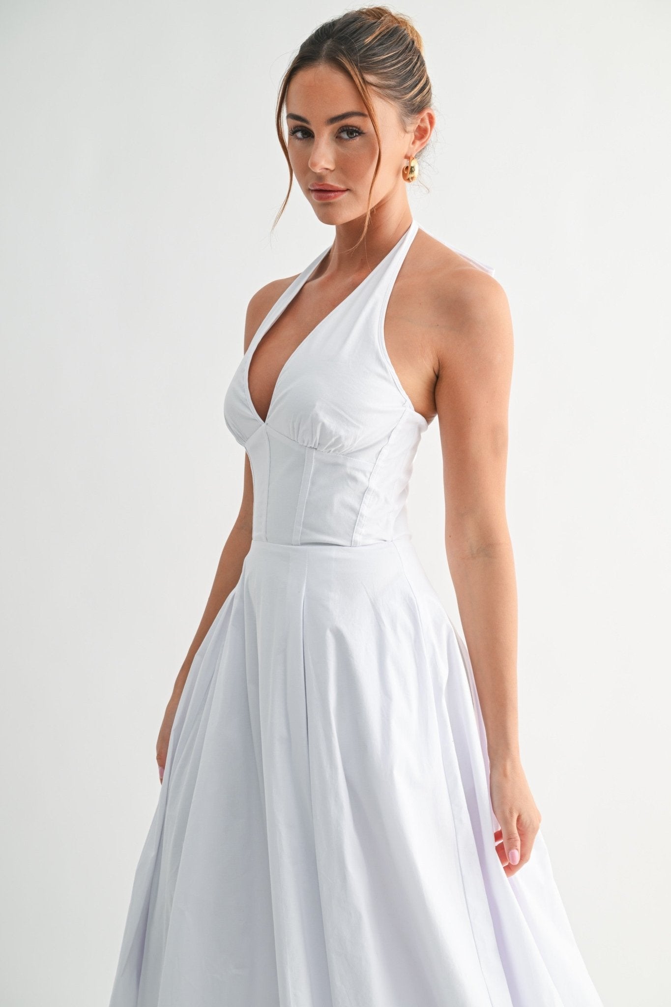 White Halter Manhattan Tie-back Midi Dress