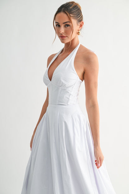 White Halter Manhattan Tie-back Midi Dress