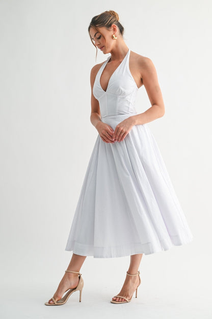 White Halter Manhattan Tie-back Midi Dress
