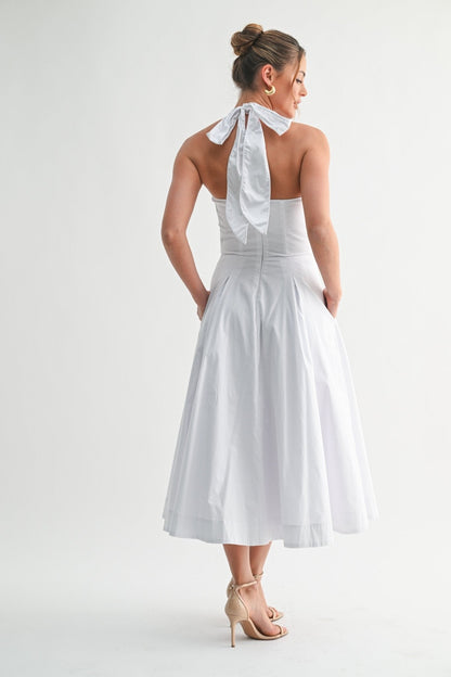 White Halter Manhattan Tie-back Midi Dress