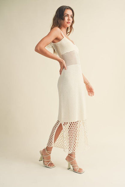 Ivory Net Cutout Knitted Midi Dress