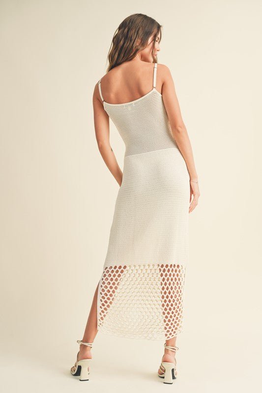 Ivory Net Cutout Knitted Midi Dress