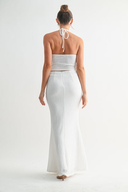 White Halter Texture Skirt Set