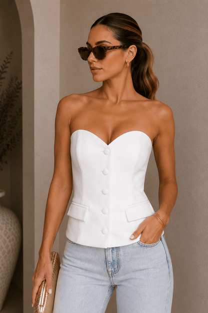 White Strapless Button Down Top