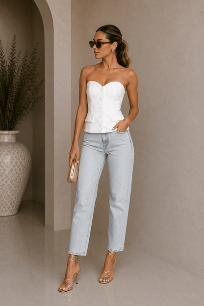 White Strapless Button Down Top