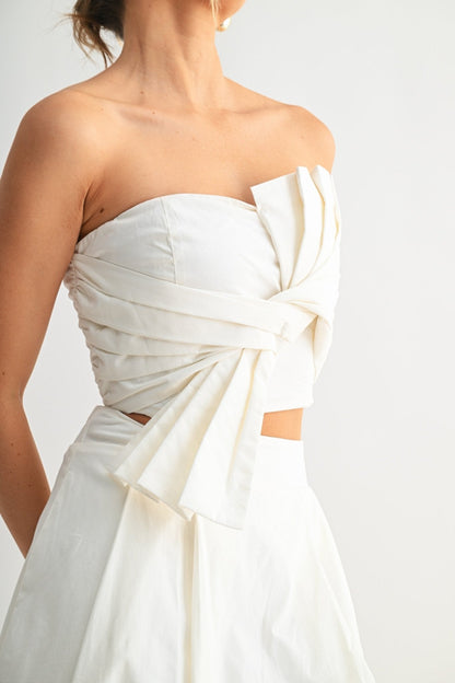 White Tied Pleat Skirt Set