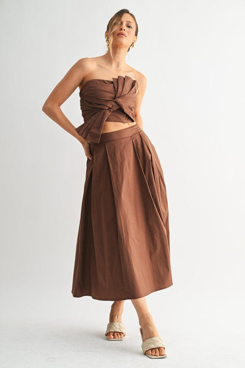 Brown Tied Pleat Crop Set