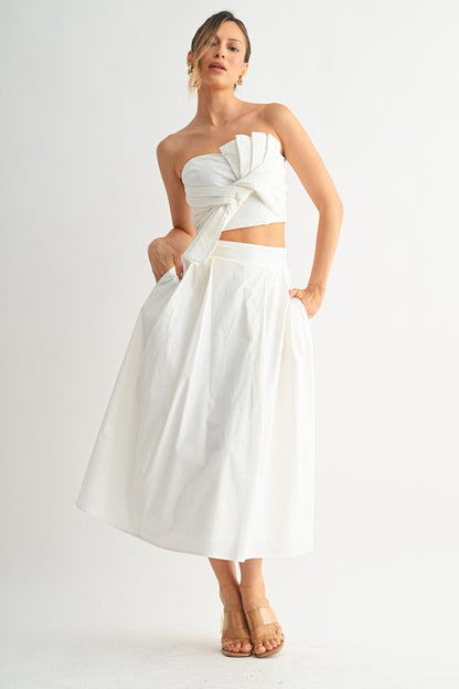 White Tied Pleat Skirt Set
