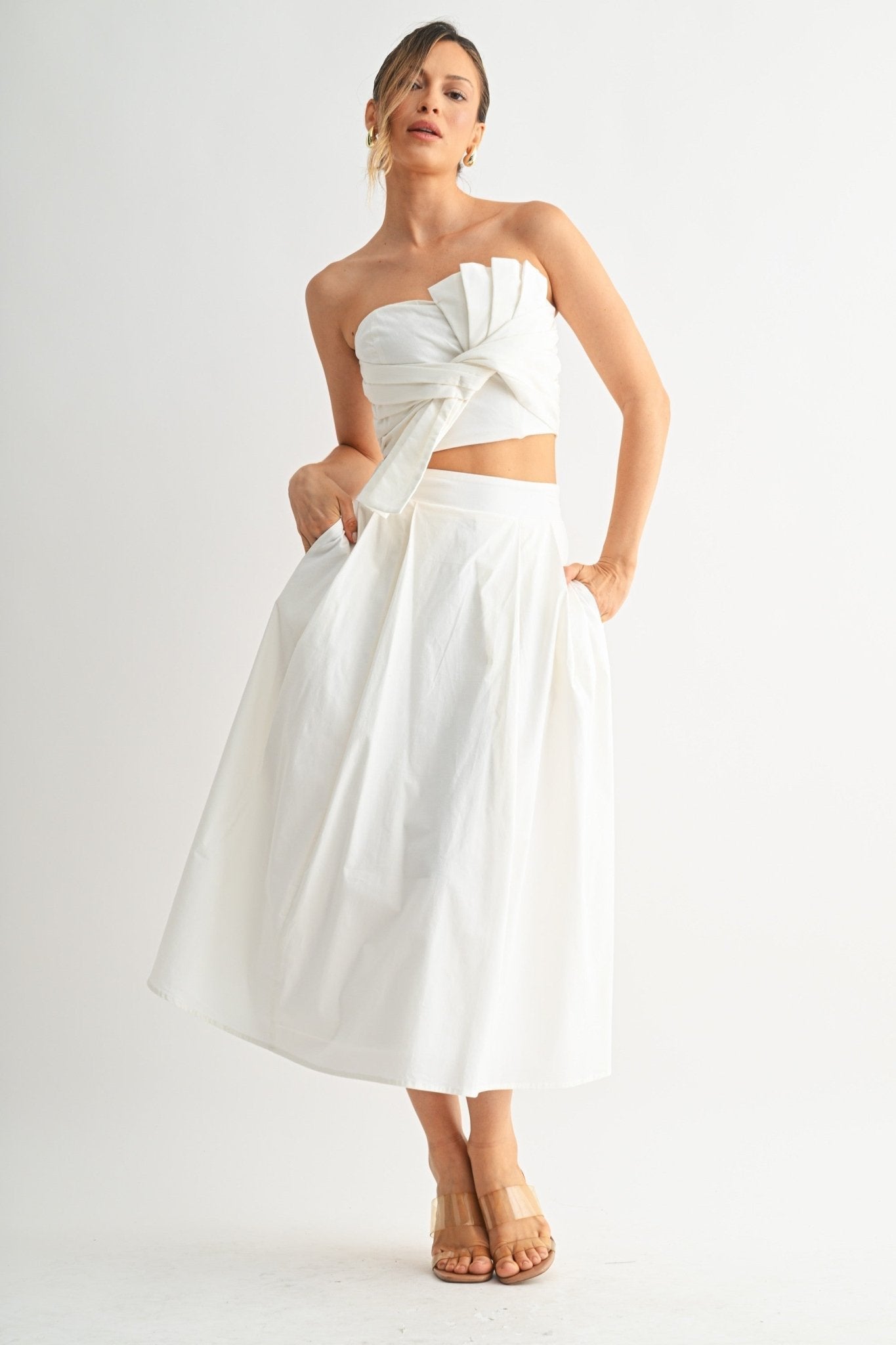 Brown Tied Pleat Crop Set
