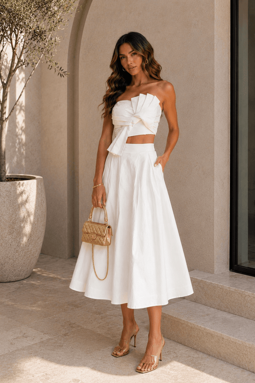 White Tied Pleat Skirt Set