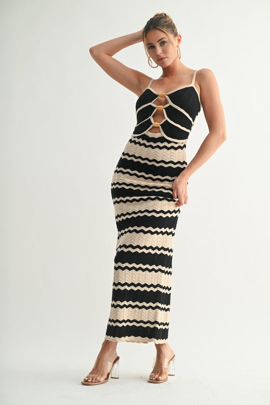 Zigzag Knit Ring-Front Midi Dress